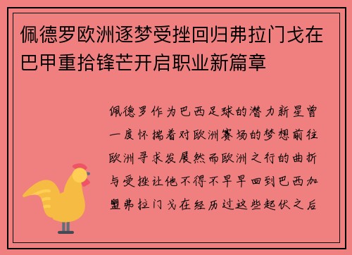 佩德罗欧洲逐梦受挫回归弗拉门戈在巴甲重拾锋芒开启职业新篇章 佩德罗欧洲逐梦受挫回归弗拉门戈在巴甲重拾锋芒开启职业新篇章