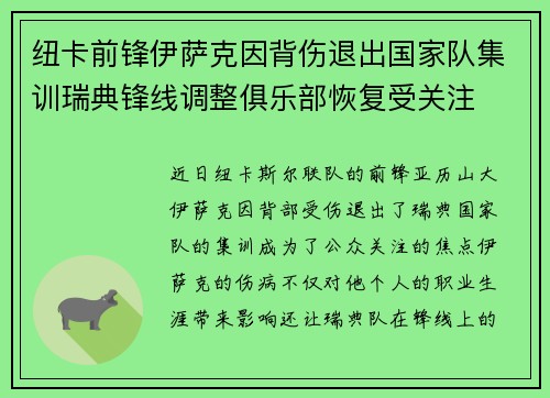 纽卡前锋伊萨克因背伤退出国家队集训瑞典锋线调整俱乐部恢复受关注